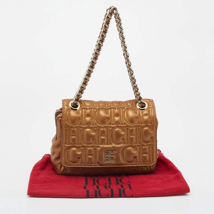 Pre Owned CH Carolina Herrera Metallic Gold Leather Monogram Quilted Flap Shoulder Bag