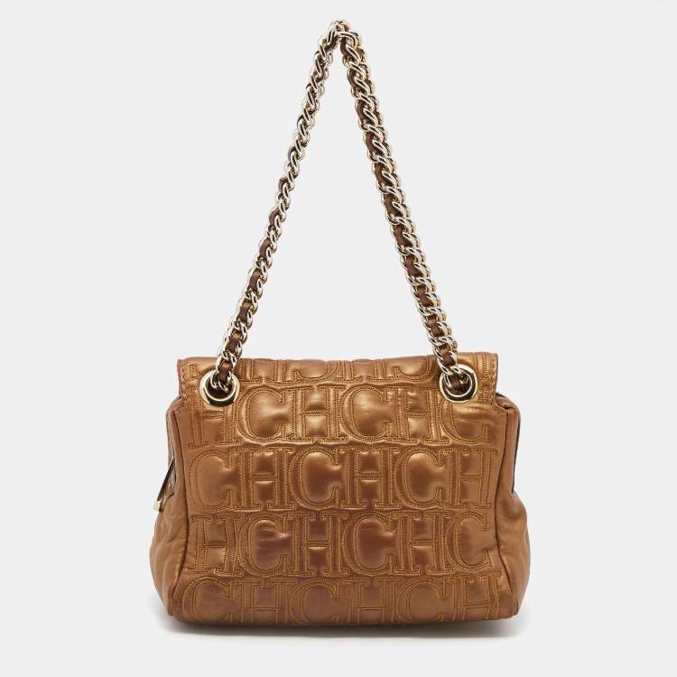 Pre Owned CH Carolina Herrera Metallic Gold Leather Monogram Quilted Flap Shoulder Bag