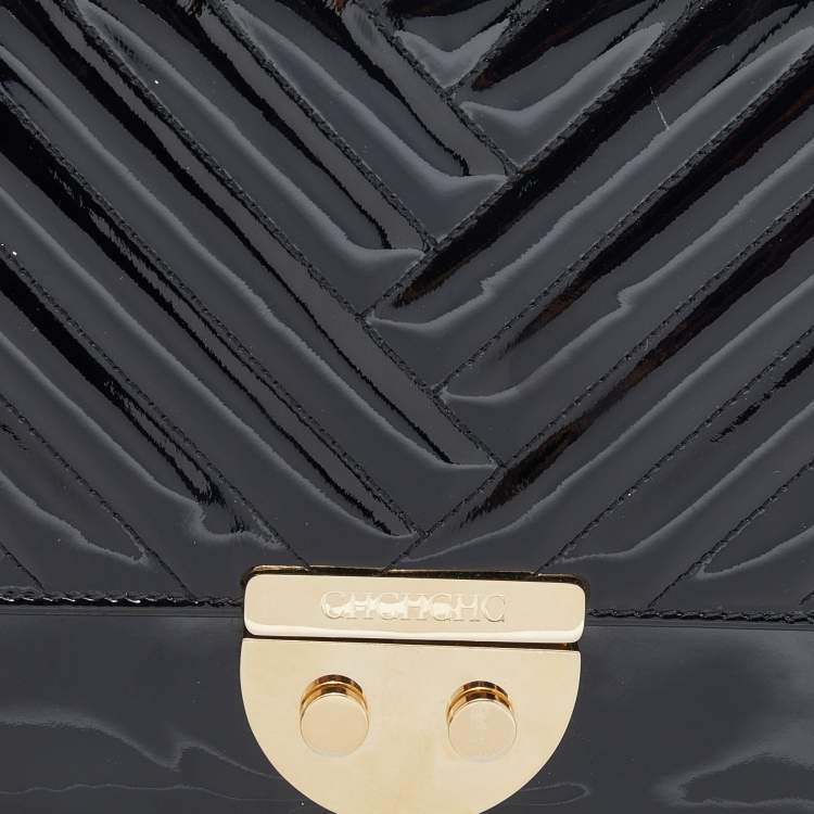 Pre Owned CH Carolina Herrera Black Patent Leather Chain Top Handle Bag