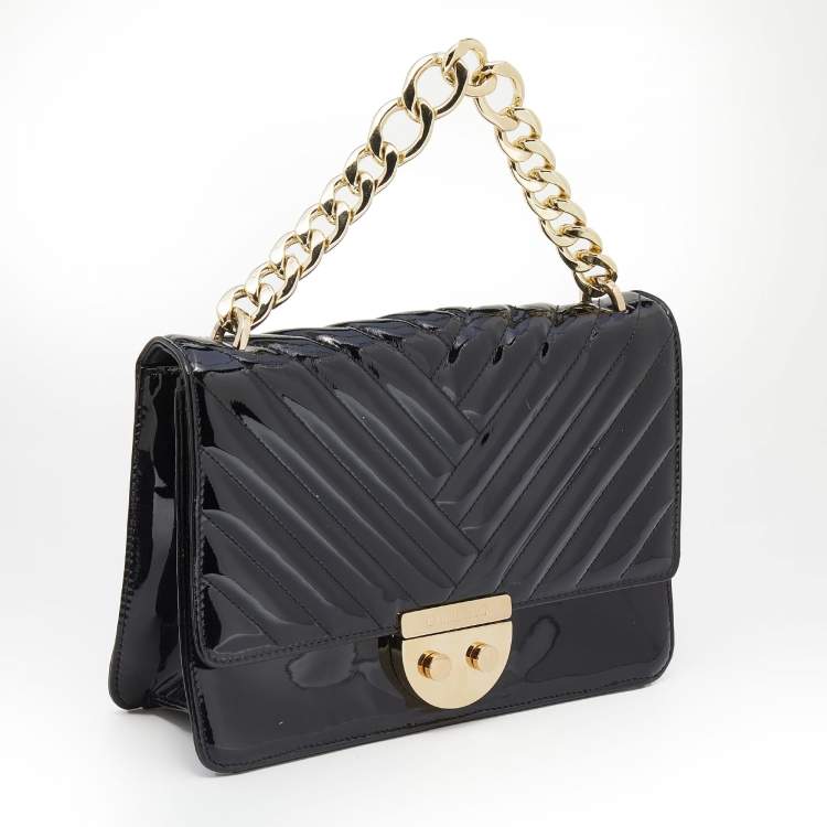 Pre Owned CH Carolina Herrera Black Patent Leather Chain Top Handle Bag