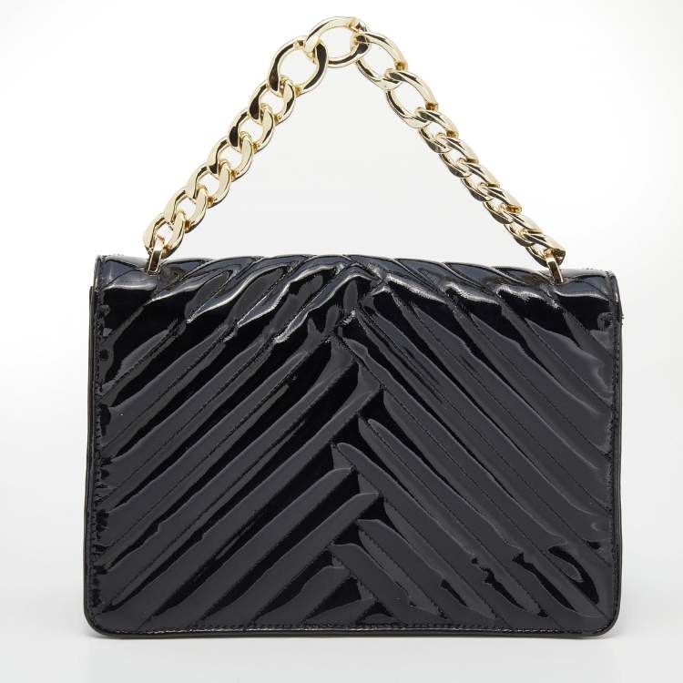Pre Owned CH Carolina Herrera Black Patent Leather Chain Top Handle Bag