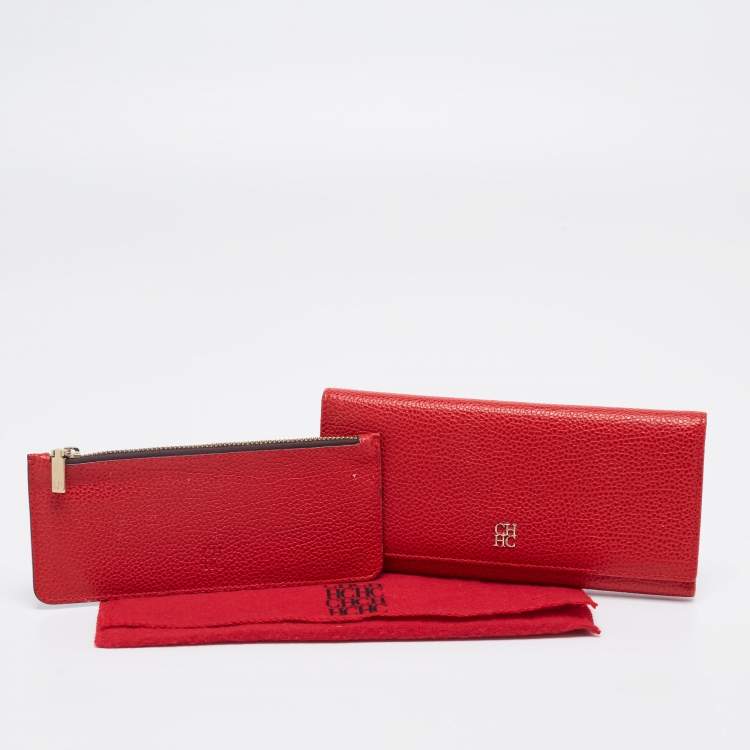 Pre Owned CH Carolina Herrera Red Leather Long Trifold Wallet