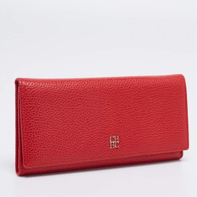 Pre Owned CH Carolina Herrera Red Leather Long Trifold Wallet