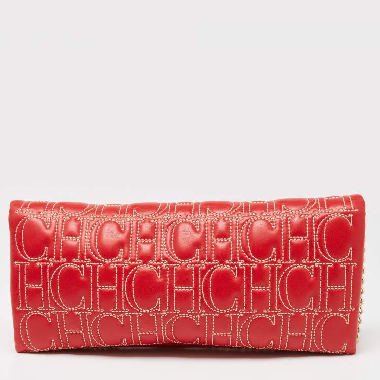 Pre Owned CH Carolina Herrera Red Monogram Leather Jerry Chain Clutch