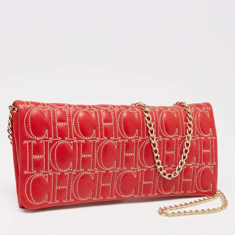 Pre Owned CH Carolina Herrera Red Monogram Leather Jerry Chain Clutch