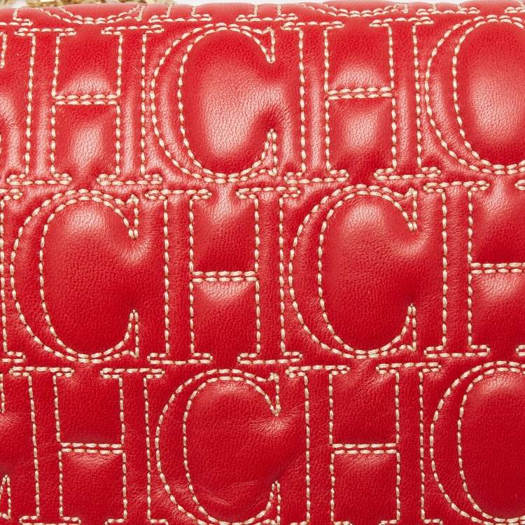 Pre Owned CH Carolina Herrera Red Monogram Leather Jerry Chain Clutch
