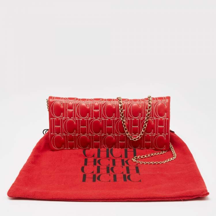 Pre Owned CH Carolina Herrera Red Monogram Leather Jerry Chain Clutch