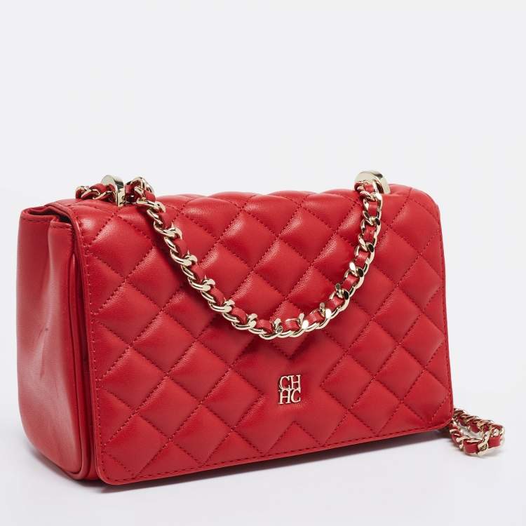 Pre Owned CH Carolina Herrera Red Quilted Leather Flap Chain Shoulder Bag