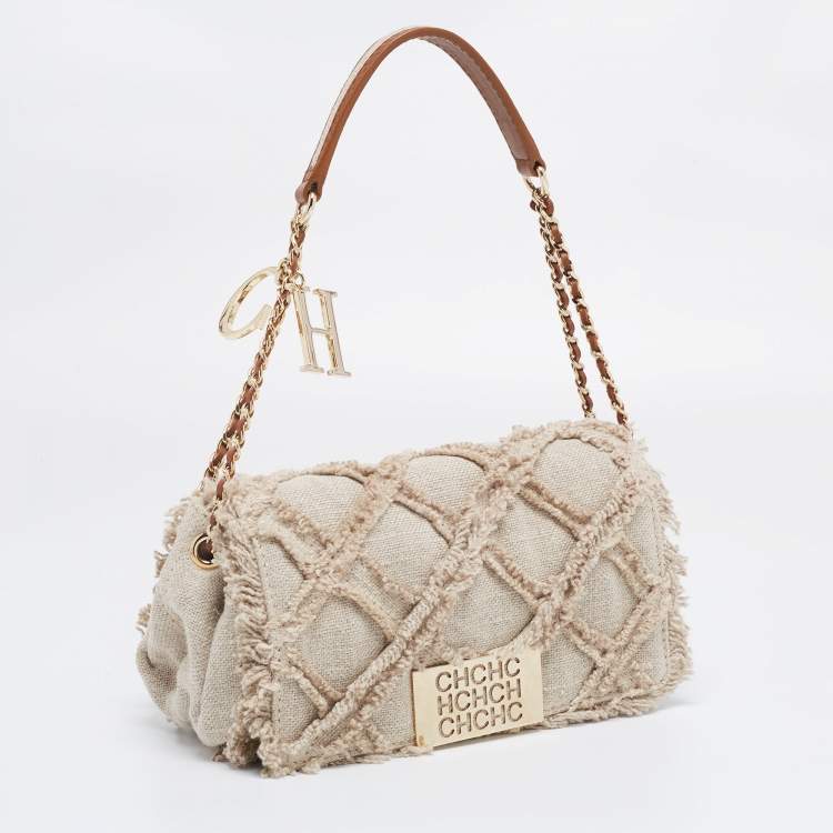Pre Owned CH Carolina Herrera Beige Quilted Canvas Flap Shoulder Bag