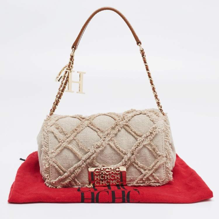Pre Owned CH Carolina Herrera Beige Quilted Canvas Flap Shoulder Bag