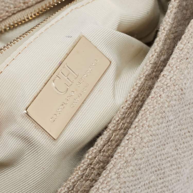 Pre Owned CH Carolina Herrera Beige Quilted Canvas Flap Shoulder Bag