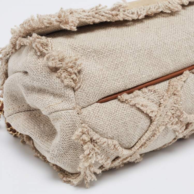 Pre Owned CH Carolina Herrera Beige Quilted Canvas Flap Shoulder Bag