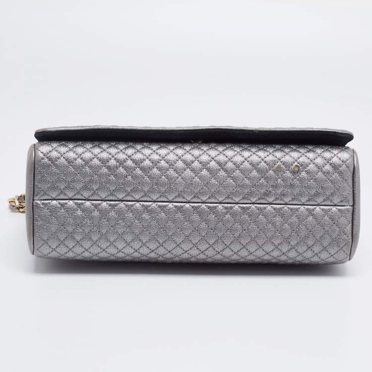 Pre Owned CH Carolina Herrera Metallic Grey Quilted Leather Flap Chain Shoulder Bag