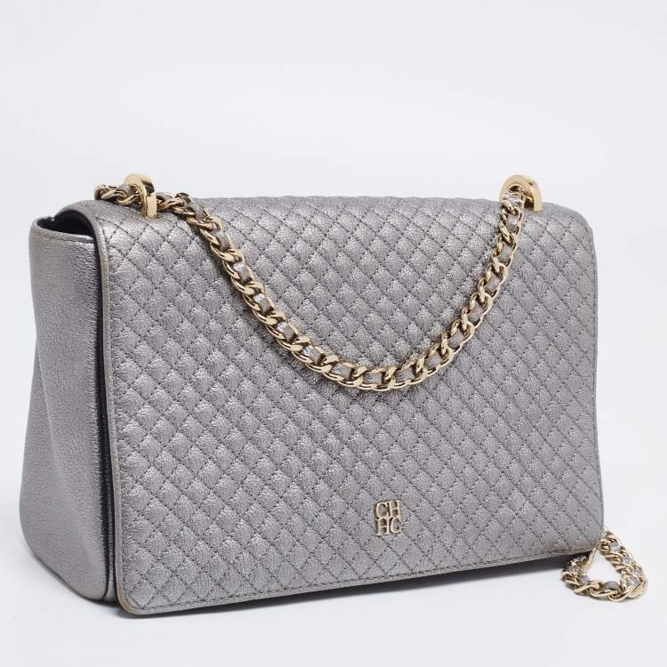 Pre Owned CH Carolina Herrera Metallic Grey Quilted Leather Flap Chain Shoulder Bag