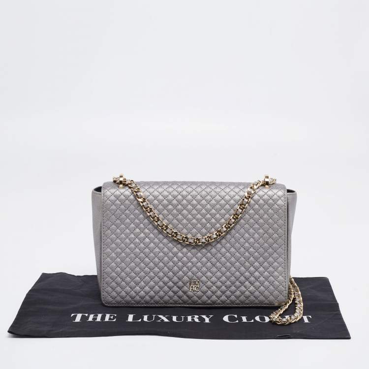 Pre Owned CH Carolina Herrera Metallic Grey Quilted Leather Flap Chain Shoulder Bag