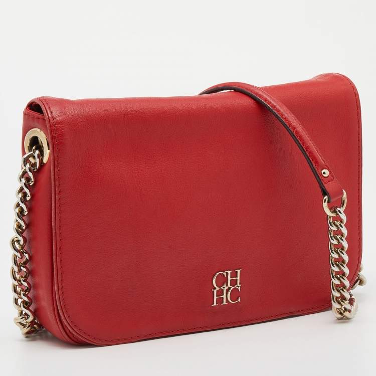 Pre Owned CH Carolina Herrera Red Leather Flap Chain Shoulder Bag