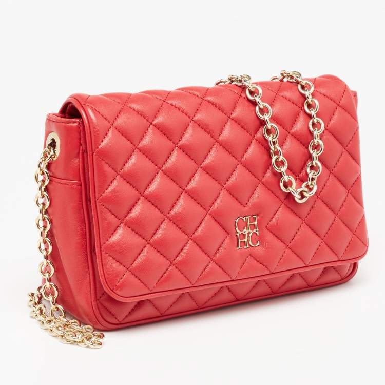 Pre Owned CH Carolina Herrera Red Quilted Leather Flap Chain Shoulder Bag