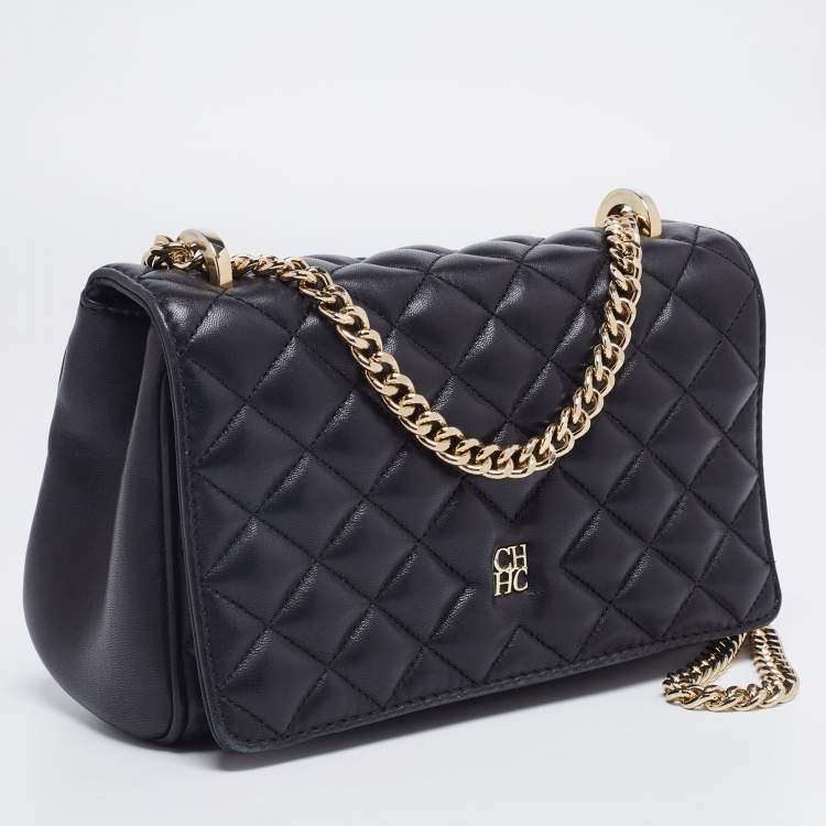 Pre Owned CH Carolina Herrera Black Quilted Leather Flap Chain Shoulder Bag