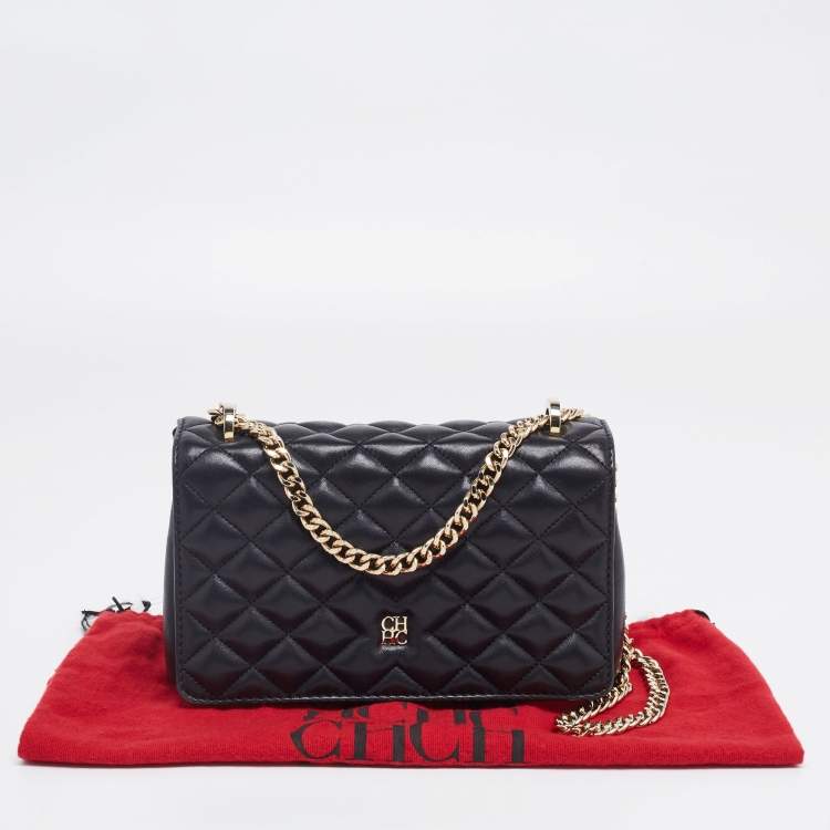 Pre Owned CH Carolina Herrera Black Quilted Leather Flap Chain Shoulder Bag