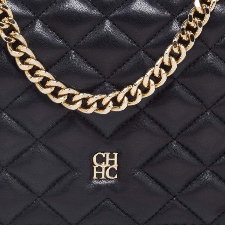 Pre Owned CH Carolina Herrera Black Quilted Leather Flap Chain Shoulder Bag
