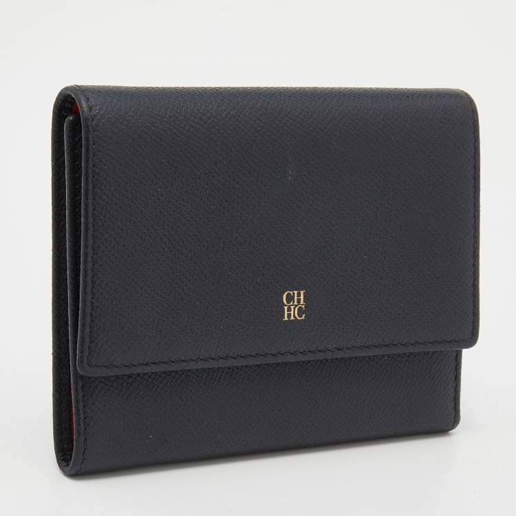 Pre Owned CH Carolina Herrera Black Leather Tri Fold Wallet