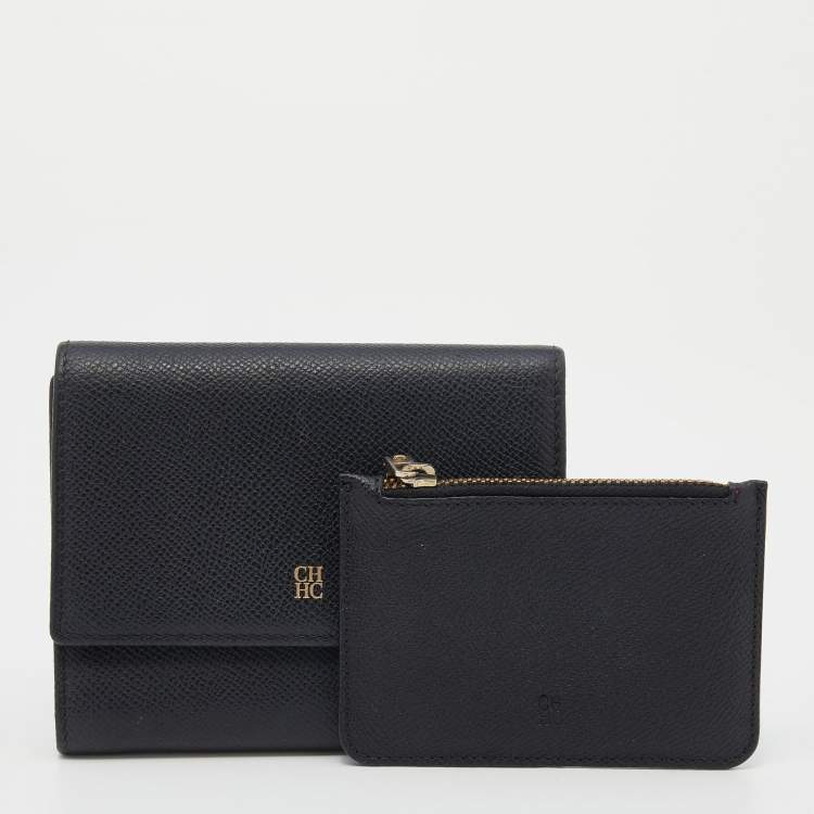 Pre Owned CH Carolina Herrera Black Leather Tri Fold Wallet