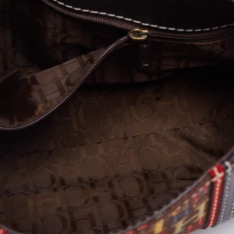 Pre Owned CH Carolina Herrera Dark Brown Monogram Canvas, Suede and Leather Studded Baguette Bag