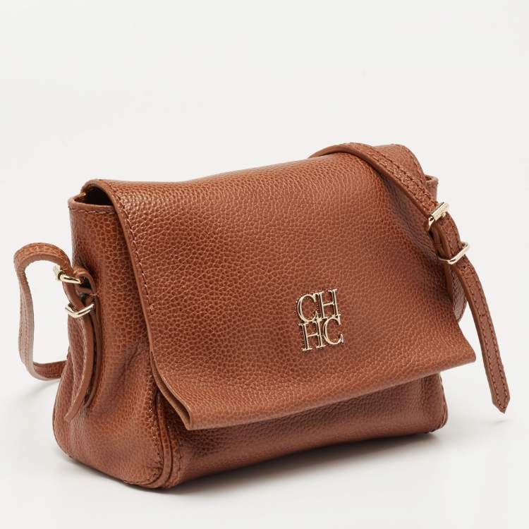Pre Owned CH Carolina Herrera Brown Leather Logo Flap Crossbody Bag