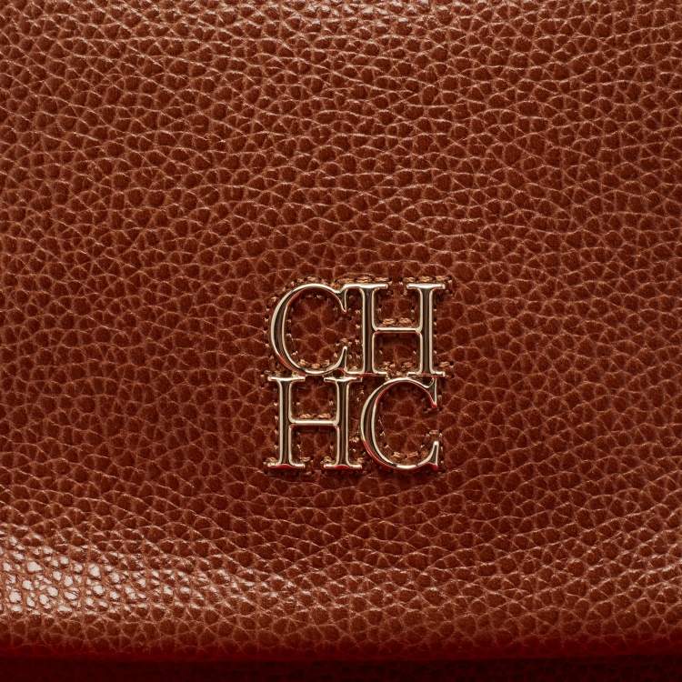 Pre Owned CH Carolina Herrera Brown Leather Logo Flap Crossbody Bag