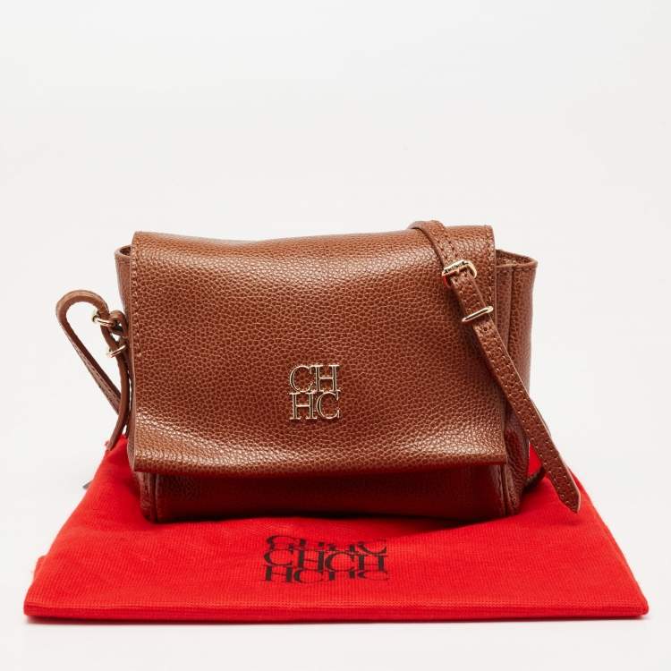 Pre Owned CH Carolina Herrera Brown Leather Logo Flap Crossbody Bag