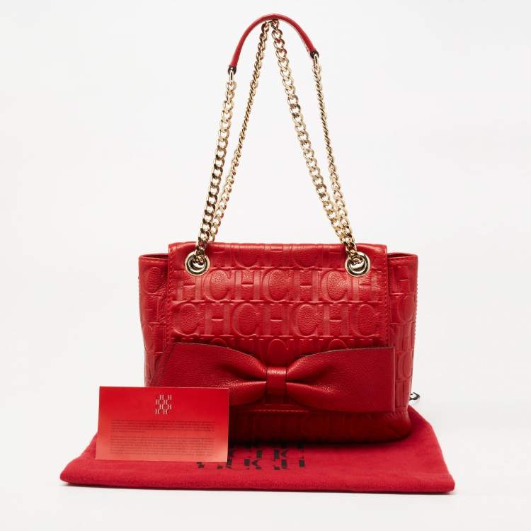 Pre Owned CH Carolina Herrera Red Monogram Leather Audrey Shoulder Bag 