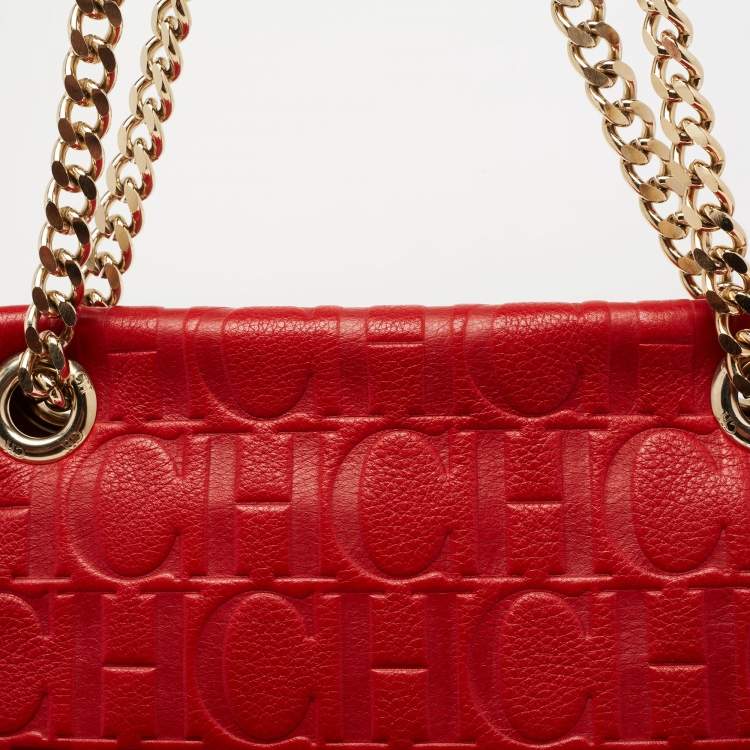 Pre Owned CH Carolina Herrera Red Monogram Leather Audrey Shoulder Bag 
