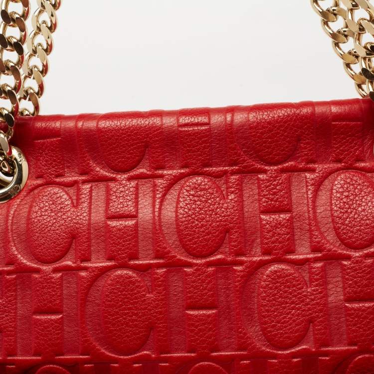 Pre Owned CH Carolina Herrera Red Monogram Leather Audrey Shoulder Bag 