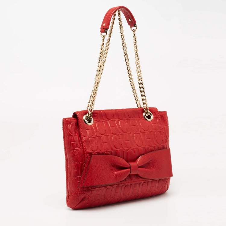 Pre Owned CH Carolina Herrera Red Monogram Leather Audrey Shoulder Bag 