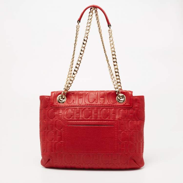 Pre Owned CH Carolina Herrera Red Monogram Leather Audrey Shoulder Bag 