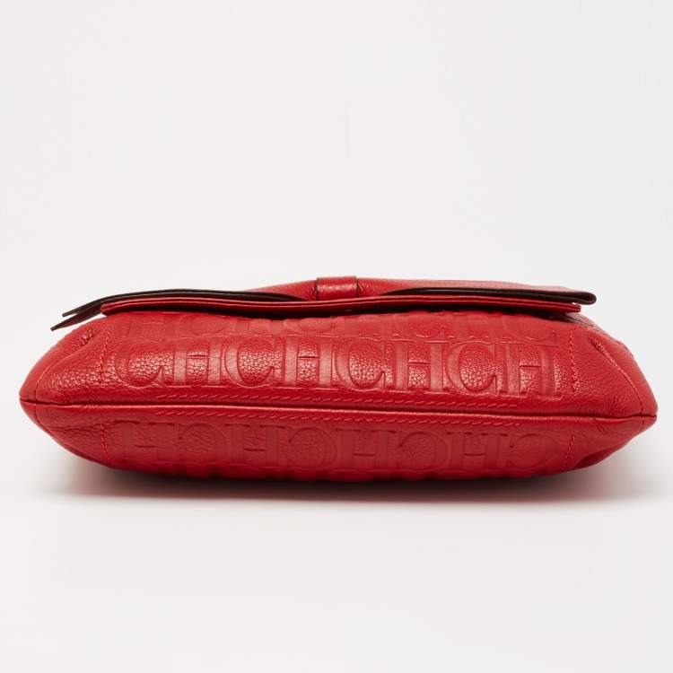 Pre Owned CH Carolina Herrera Red Monogram Leather Audrey Shoulder Bag 