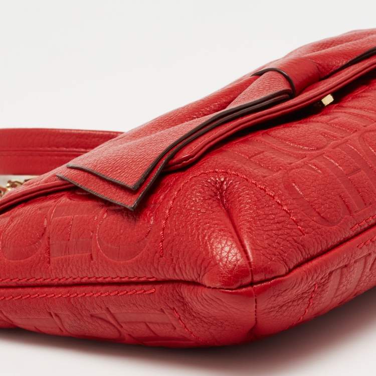 Pre Owned CH Carolina Herrera Red Monogram Leather Audrey Shoulder Bag 