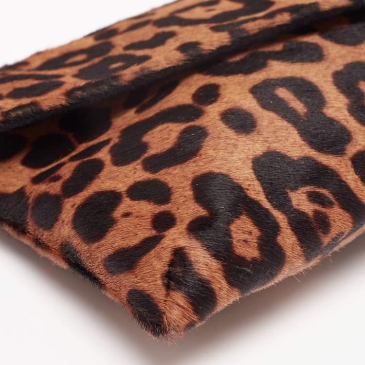 Pre Owned CH Carolina Herrera Brown Leopard Print Calf Hair Envelope Clutch