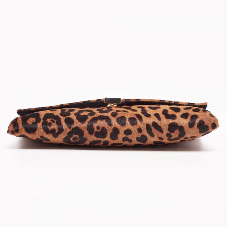 Pre Owned CH Carolina Herrera Brown Leopard Print Calf Hair Envelope Clutch