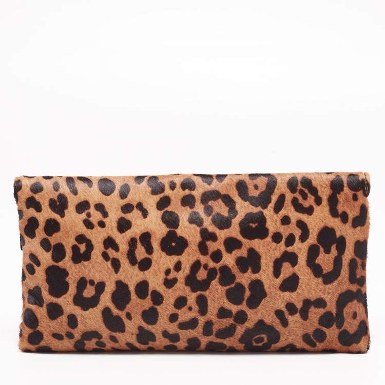 Pre Owned CH Carolina Herrera Brown Leopard Print Calf Hair Envelope Clutch