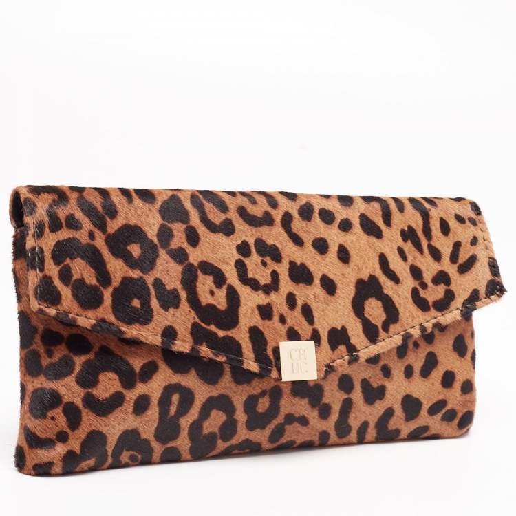 Pre Owned CH Carolina Herrera Brown Leopard Print Calf Hair Envelope Clutch