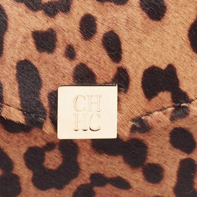 Pre Owned CH Carolina Herrera Brown Leopard Print Calf Hair Envelope Clutch