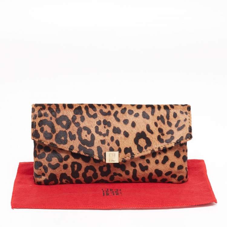 Pre Owned CH Carolina Herrera Brown Leopard Print Calf Hair Envelope Clutch