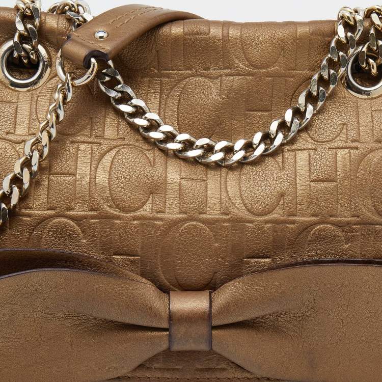Pre Owned CH Carolina Herrera Metallic Gold Monogram Leather Audrey Shoulder Bag