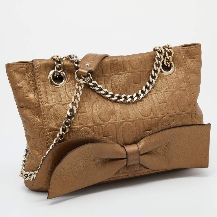 Pre Owned CH Carolina Herrera Metallic Gold Monogram Leather Audrey Shoulder Bag