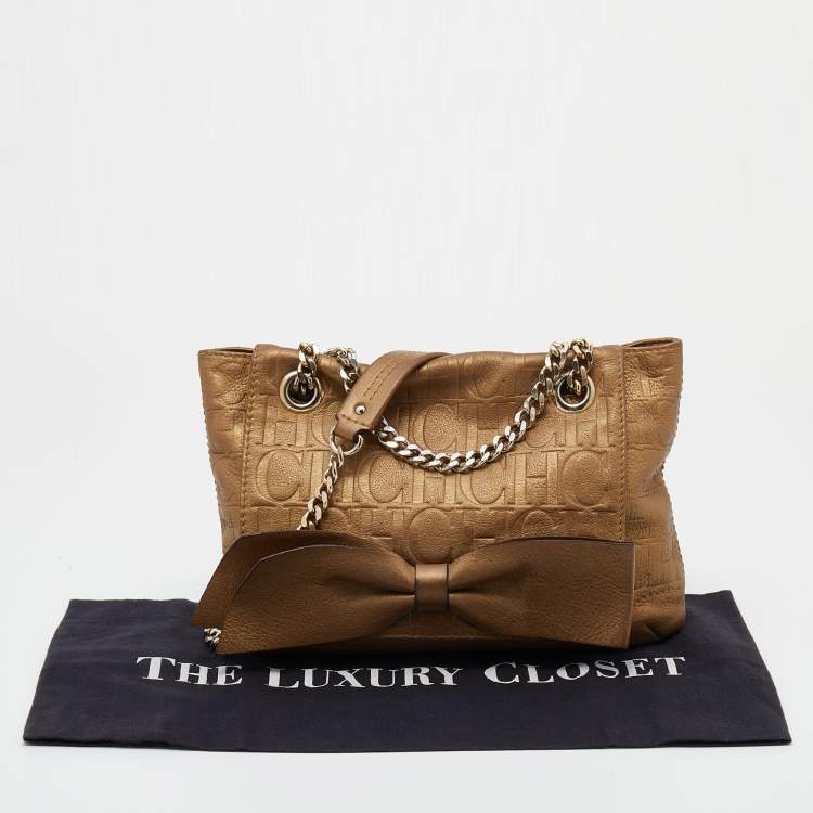 Pre Owned CH Carolina Herrera Metallic Gold Monogram Leather Audrey Shoulder Bag