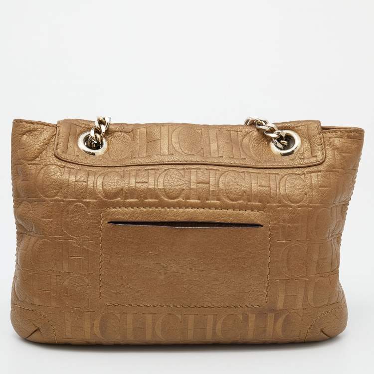 Pre Owned CH Carolina Herrera Metallic Gold Monogram Leather Audrey Shoulder Bag