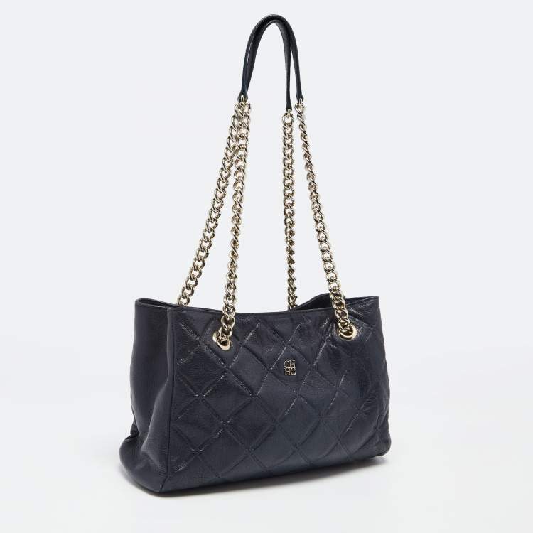 Pre Owned CH Carolina Herrera Black Embossed Quilted Leather Chain Shoulder Bag