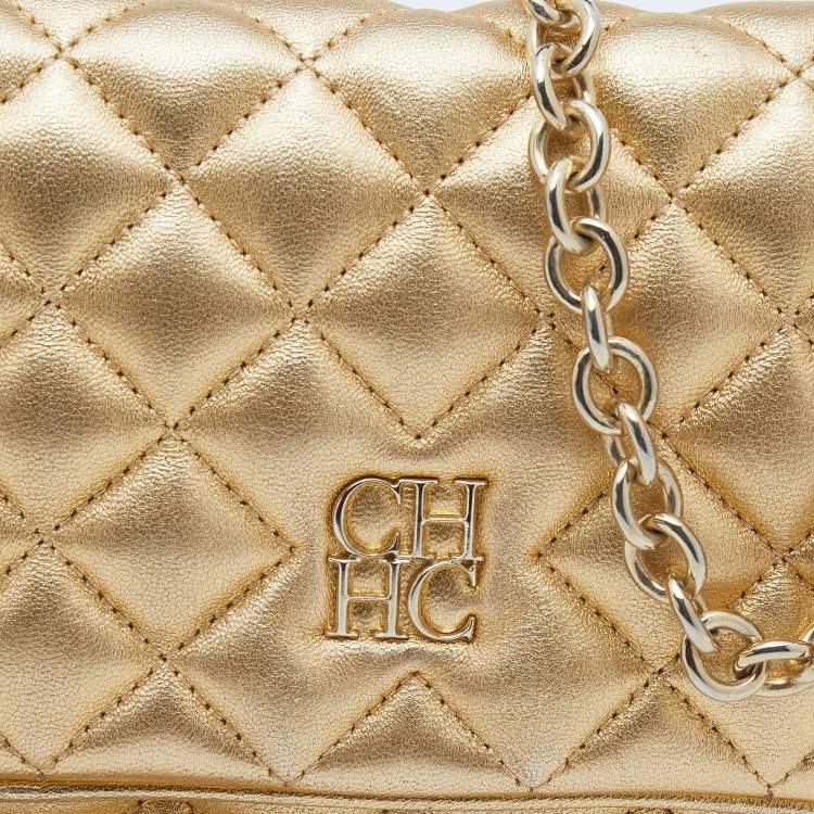Pre Owned CH Carolina Herrera Metallic Gold Quilted Leather Chain Crossbody Bag