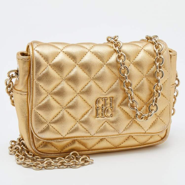 Pre Owned CH Carolina Herrera Metallic Gold Quilted Leather Chain Crossbody Bag